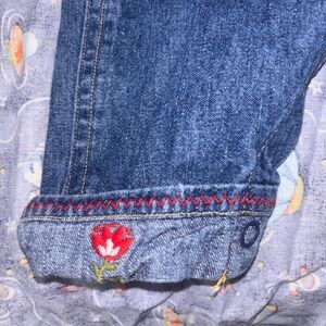 1990’s Minnie and Micky mouse kissing blue denim overalls